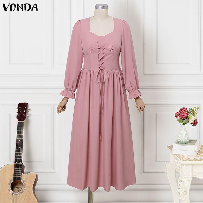 VONDA Elegante Abito Maxi da Donna con Scollo Quadrato, Maniche Lunghe, Allacciatura, Casual, da Festa, con Volant, Svasato