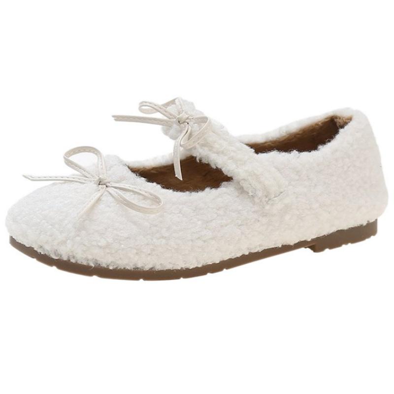 Winter Wool Lamb Women Flats Shoes 2025 Fashion Shallow Slip On Ladies Flats Butterfly Knot Indoor Warm Soft Sole Women Shoes