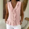 2026 Summer New V-neck Ruffle Trim Tie Sleeveless Top Women's Casual T-shirt