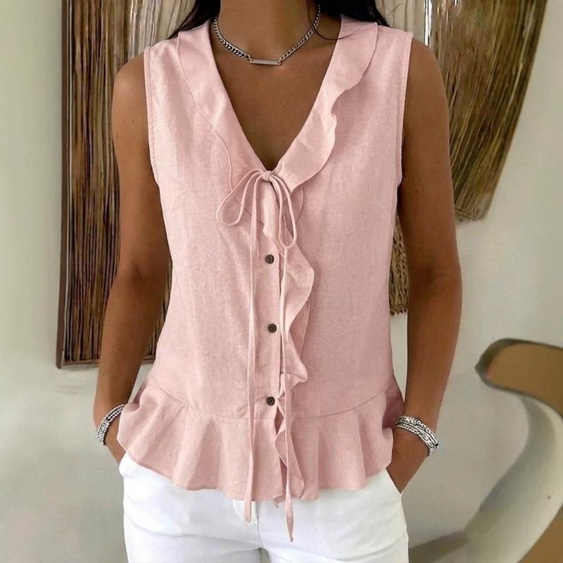 2026 Summer New V-neck Ruffle Trim Tie Sleeveless Top Women's Casual T-shirt