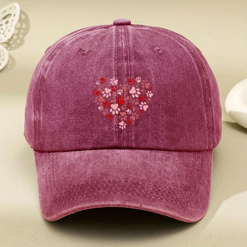Dog Paw HeartShaped Colorful Print Unisex New Style Baseball Cap Washed Vintage Soft Top Retro Sun Hat for Men and Women