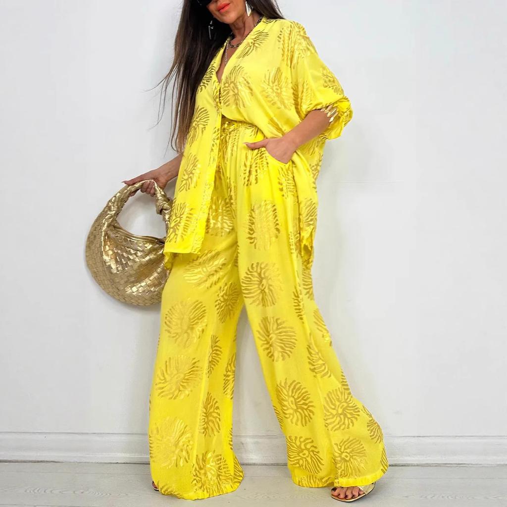 Casual Wide-Leg Pants Set with Gold Floral Print, Multiple Colors