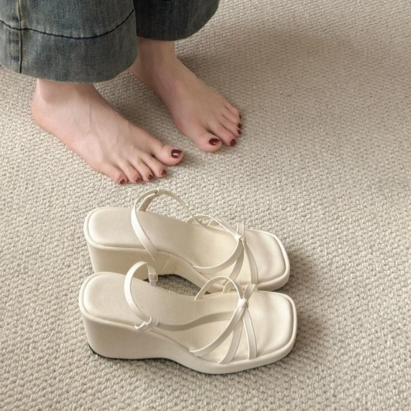 Fashion Platform Heels Summer New Square Toe Open Toe Cross Slim Strap Platform Non-Slip Wear-Resistant Wedge Sandals
