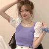 Square Collar Short-sleeved Ice Silk Sweater New Retro Slim Palace Style Short Puff Sleeve Top for Women Summer