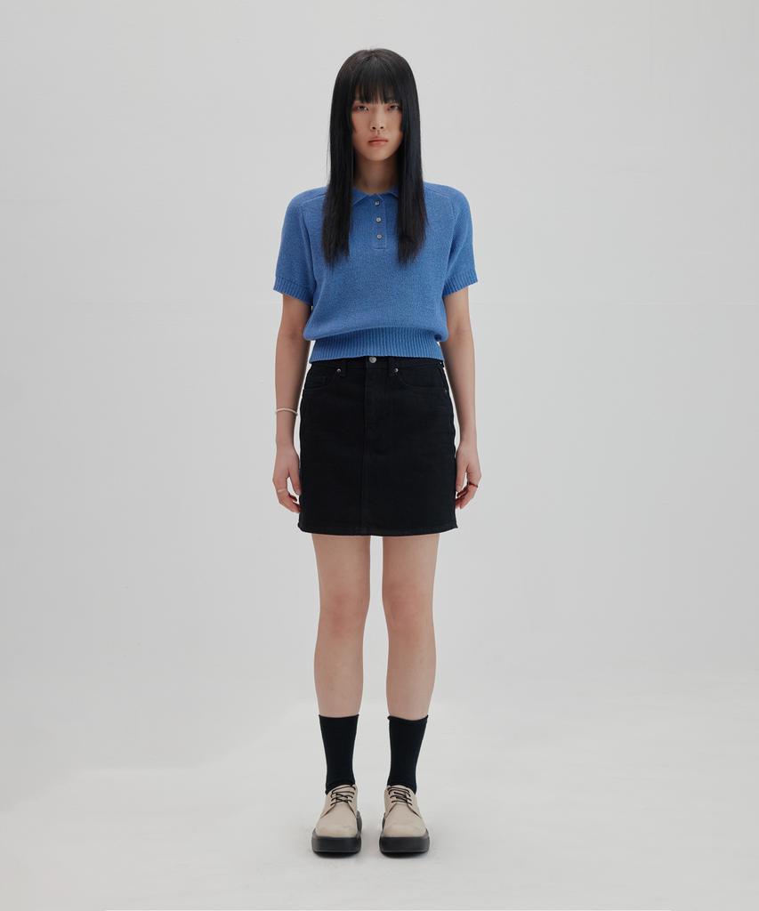 NONBLANK Raglan Half Sleeve Collar Crop Knit_Melange Blue