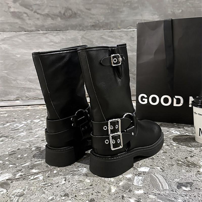Gothic Buckle Platform Ankle Boots Women Combat Boots with Studs Winter Brown Mid-calf Boots for Women Motorcycle Botas Mujer