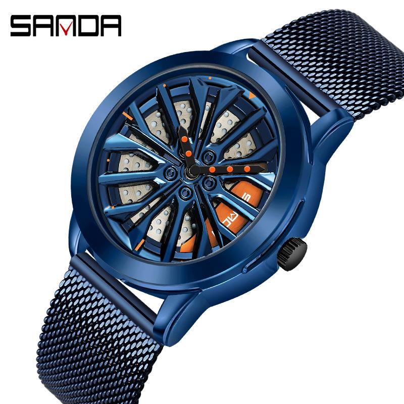 Sanda Men's Creative Wheel Quartz Watch - Trendy Rotating Waterproof Wristwatch