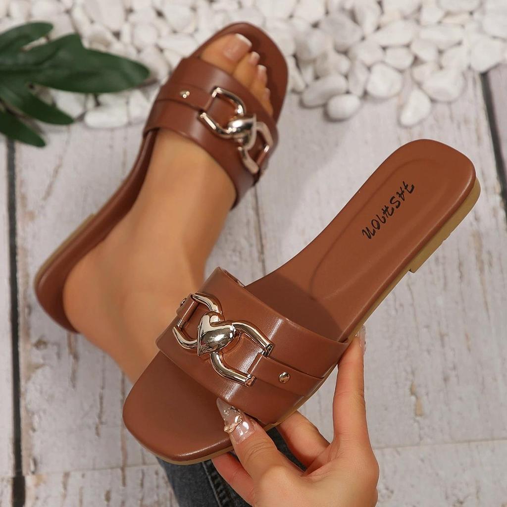 Naiste uued moodsad sussid, ühevärvilised, metallkaunistusega, ruudukujulised, lamedad sandaalid