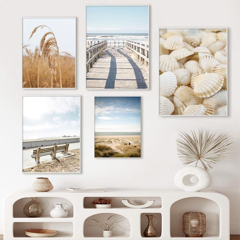 Beach Decoraction Painting Ocean Poster White Shells Bridge Natural Scenery Wall Art Nordic Canvas Print Picture For Home Decor