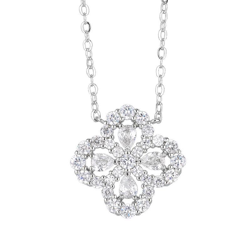 Huamei Jewelry Set Earstuds S925 Silver Needle Necklace With Zircon Clover Clavicular Chain Fashionable Versatile Women