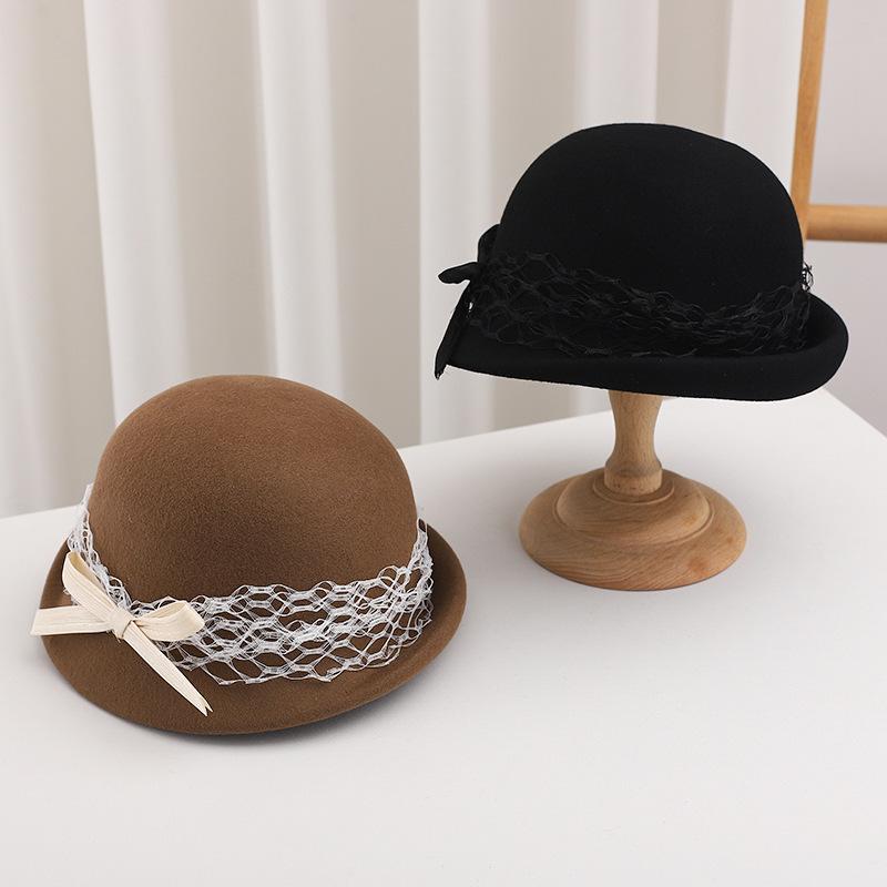 French Celebrity Mesh Ribbon Lampshade Hat Women's Autumn and Winter Wool Top Hat Thousand Gold Bow Basin Hat High Quality Tide