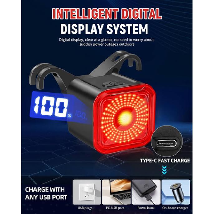 Bike Tail Light with LED Display Screen, USB-C Rechargeable 6 Light Modes, IP55