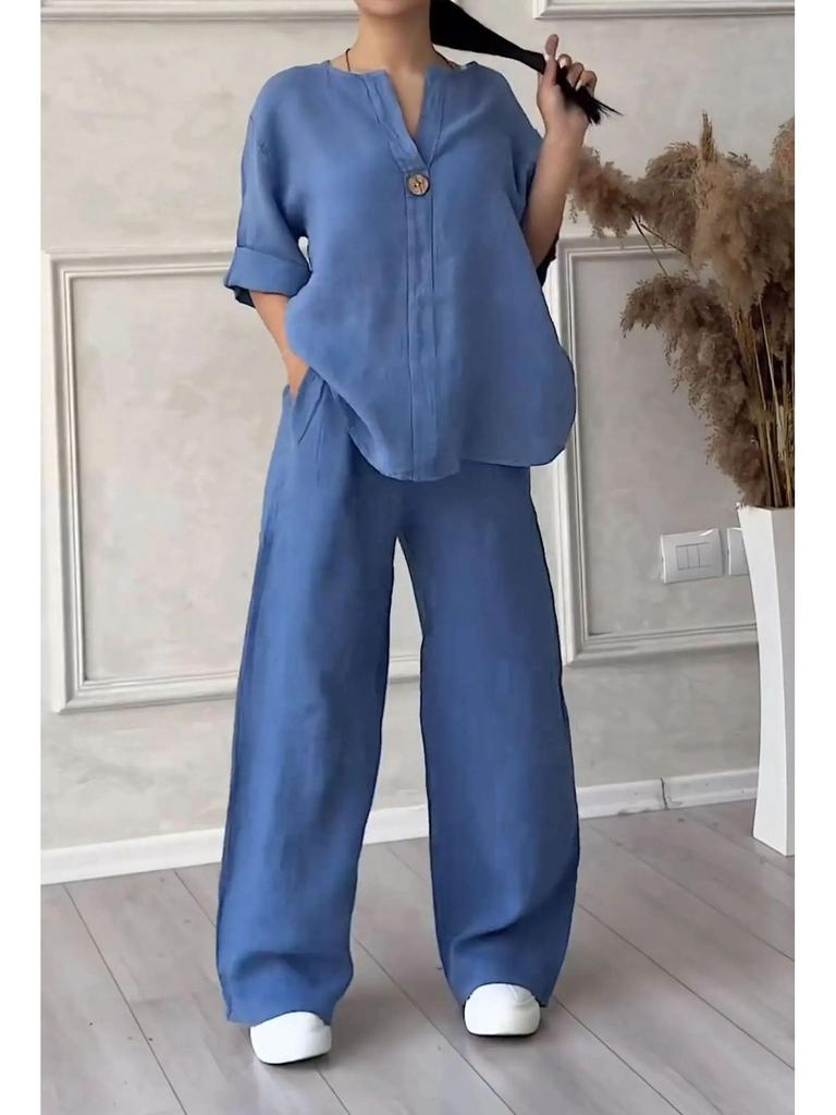 Women's Plus Size Cotton Linen Summer Shirt & Long Pants Two-Piece Set