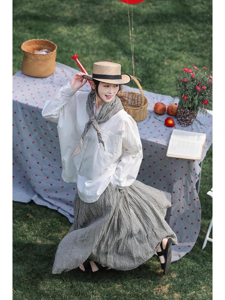 Retro Black & White Striped Cotton Linen Skirt - Soft, Anti-See-Through, Versatile, Loose Fit