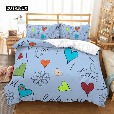 Ensemble Housse de Couette Cœur d'Amour Dessin Animé Cœurs Colorés Amusants Housse de Couette Simple Style Romantique Je T'aime Ensemble de Literie en Polyester pour Ado