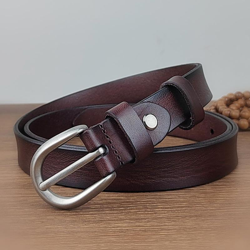 Women'S Belt Thin First Layer Cowhide Casual Hand-Polished Pin Buckle Belt Retro Leather Belt