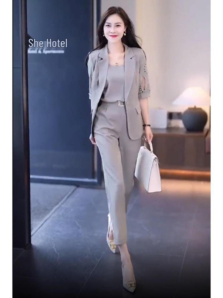 2025 Summer High-End Fashion Suit: Elegant Slim Short Sleeve Harem Pants Three-Piece Set