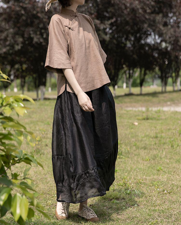 Elegantes Sommerhemd für Damen im Retro-Chinesischen Stil mit Stehkragen und Froschknöpfen, Mittellanges Baumwoll-Leinen-Oberteil.