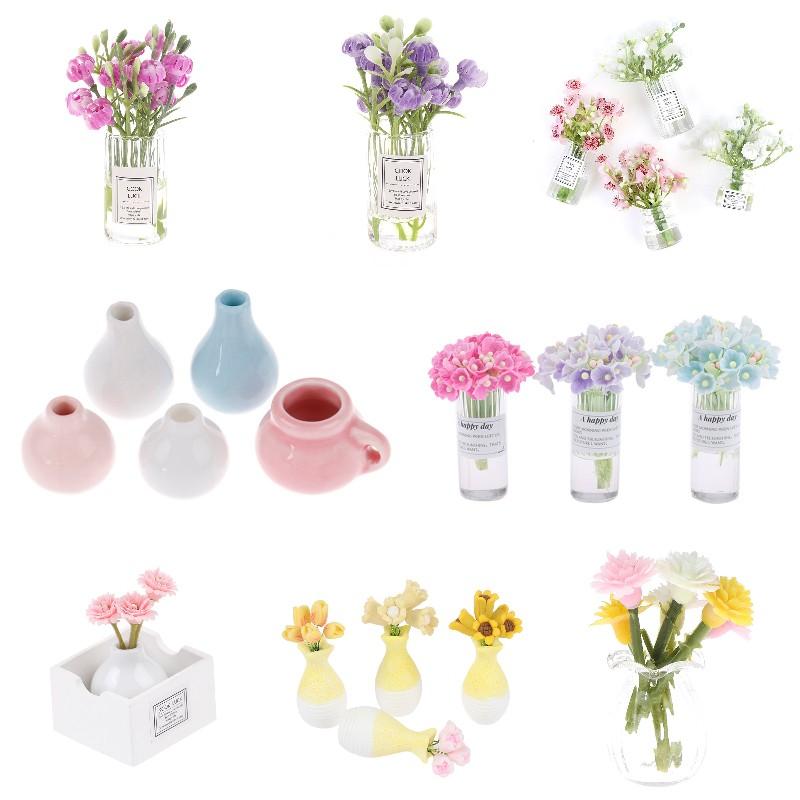 1:12 Dollhouse Miniature Jasmine Hydrangea Flower Green Plant Vase Flowerpot Vase Jar Model Furniture Decoration Accessories