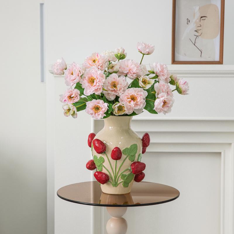 Emboss Strawberry Vase Ceramic Vase Children's Room Artifact Floral Accessories Fruit Pot Flowerpot Home Decoration Accessories