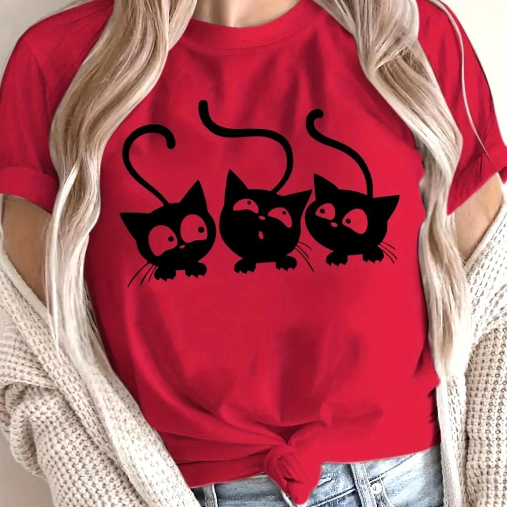 Womens Cute Black Cat Prints Tshirt Summer Breathable Fashionable and Versatile Unisex Streetwear Comfortable Harajuku Tops