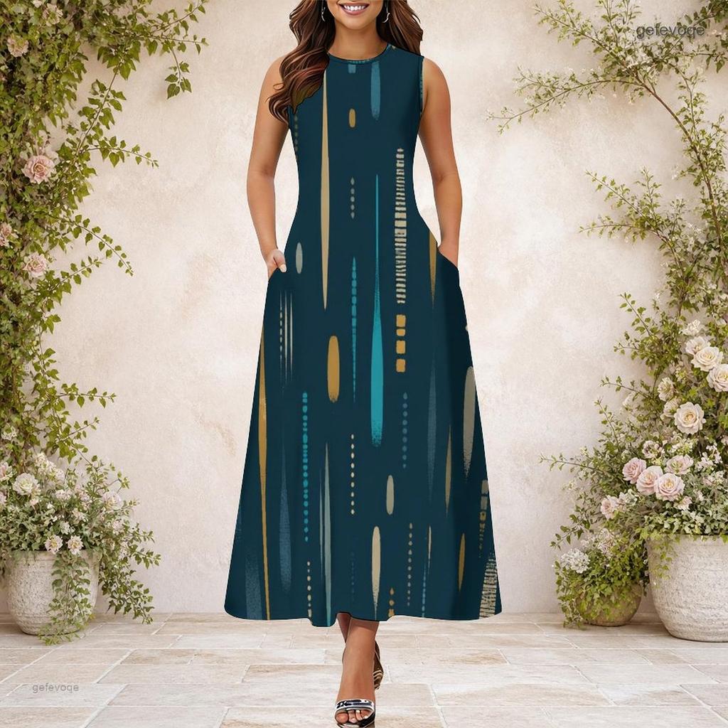 Women Plus Size Round Neck Sleeveless Printed A Line Long Dress With Side Pockets