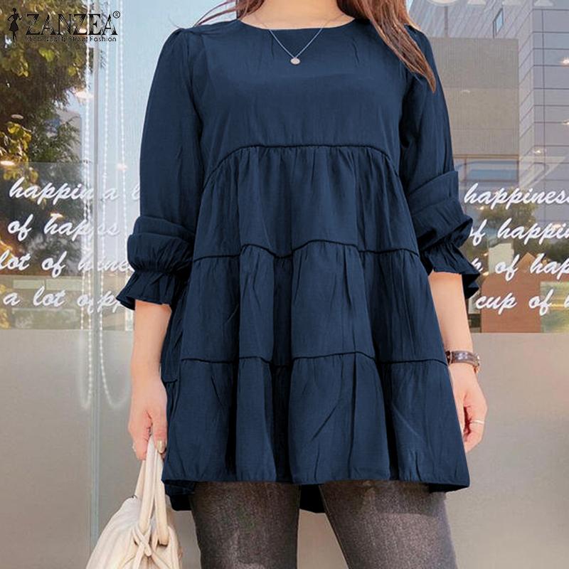 ZANZEA Women Casual O-neck Solid Color Loose Long Sleeve Blouse