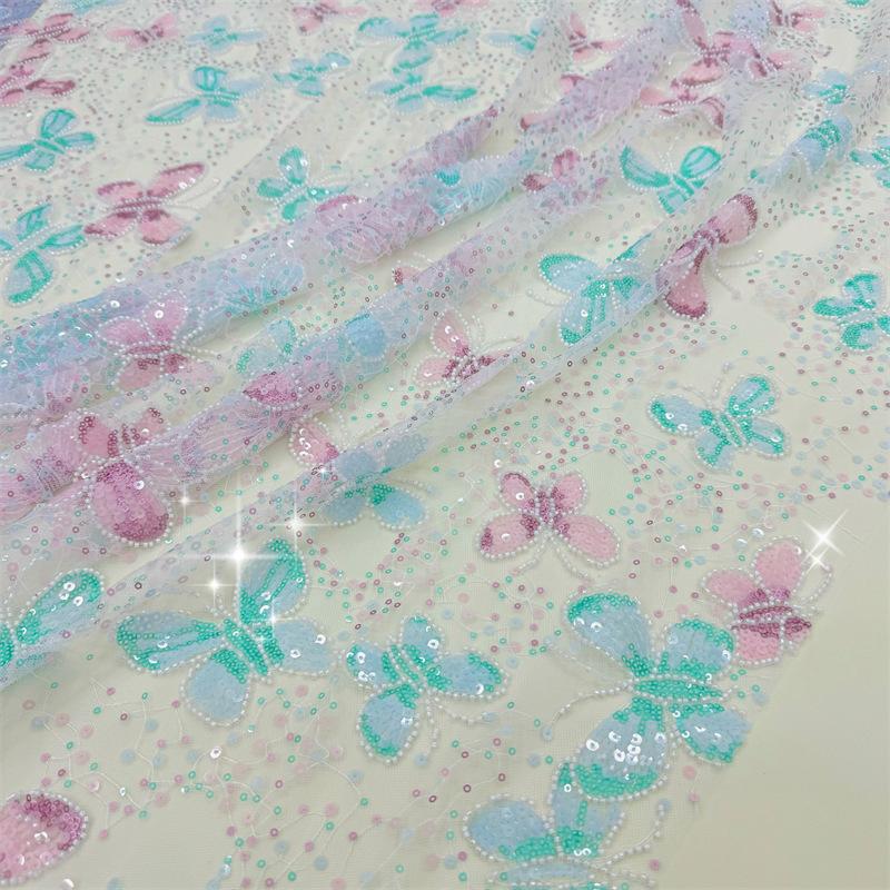 1/2/3yards Sequin Embroidered Lace Fabric Colorful Branches Butterfly Blue Snowflake Sequin Heavy Embroidery Tulle Fabric