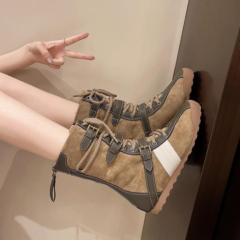 Round Toe Color Block Front Lace-Up Soft Sole Anti-slip Wear-resistant Mid-cylinder Flat Boots