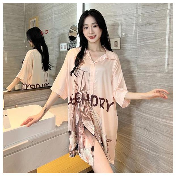 Women's Short Sleeve Ice Silk Sleep Dress Nightgown Plus Size 4XL Pajamas Shirt Sundress Loose Home Clothes