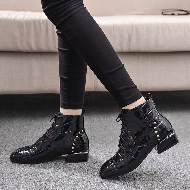2024 Fashion Square Toe Mid Heel Solid Women's Boots Square Heel Ankle Modern Boots Spring/autumn Lace-up Shoes Female Botas