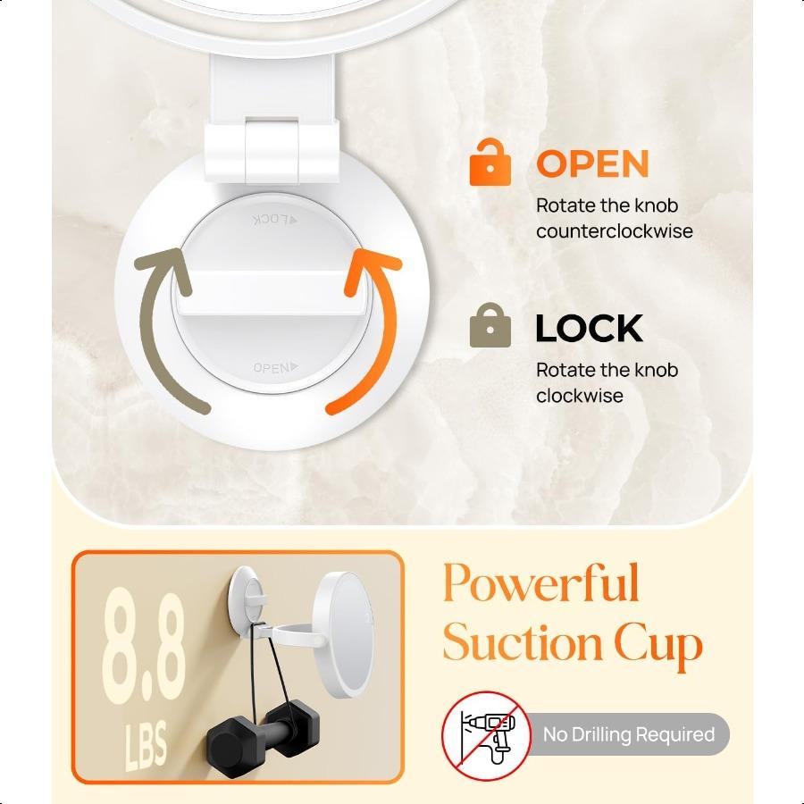 7 Wall Mounted Makeup Mirror with Powerful Suction Cup Double Sided 1X 10X Magnification 3 Color Lights and Adjustable Brightn