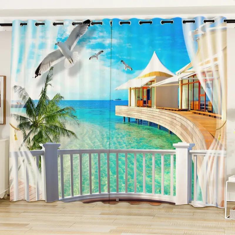 2Panel Blue Sea Curtain Sea Window View Printed Curtain for Bedroom Living Room Floor-to-ceiling Window Kitchen Small Size Drape