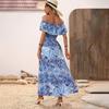 Women Summer Casual One Shoulder Sleeveless Flower Print Dress High Waist A-Line Belt Slit Ankle-Length Collar Dresses Spring