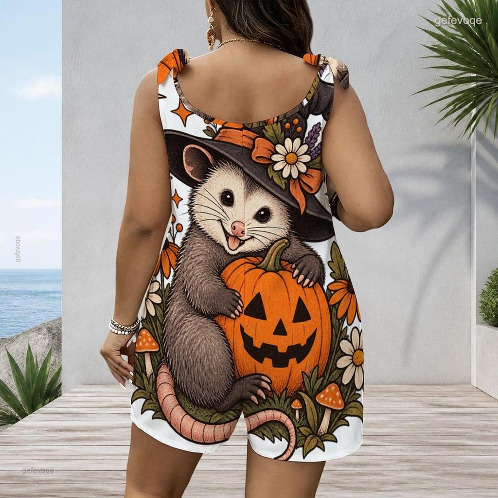 Women Plus Size Crew Neck Tank Romper Sunflower Floral Print Jumpsuit Shorts