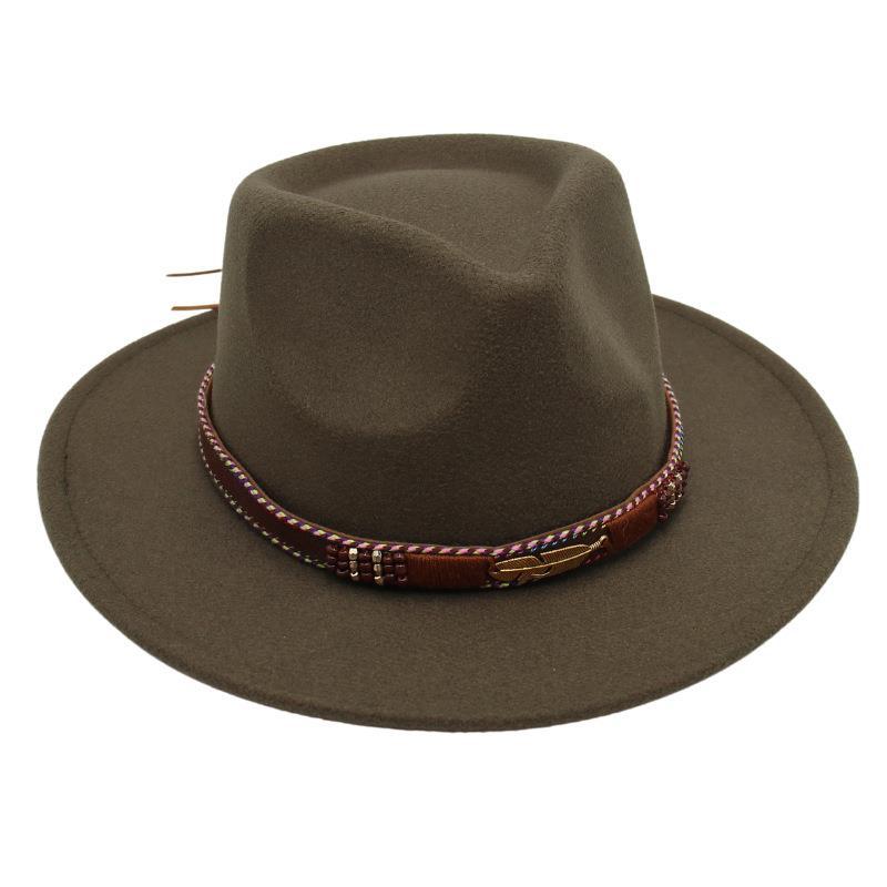 Feather Decoration Ethnic Style Top Hat Tibetan Jazz Hat Temperament Felt Hat Imitation Wool Hat Men'S And Women'S Ins Style