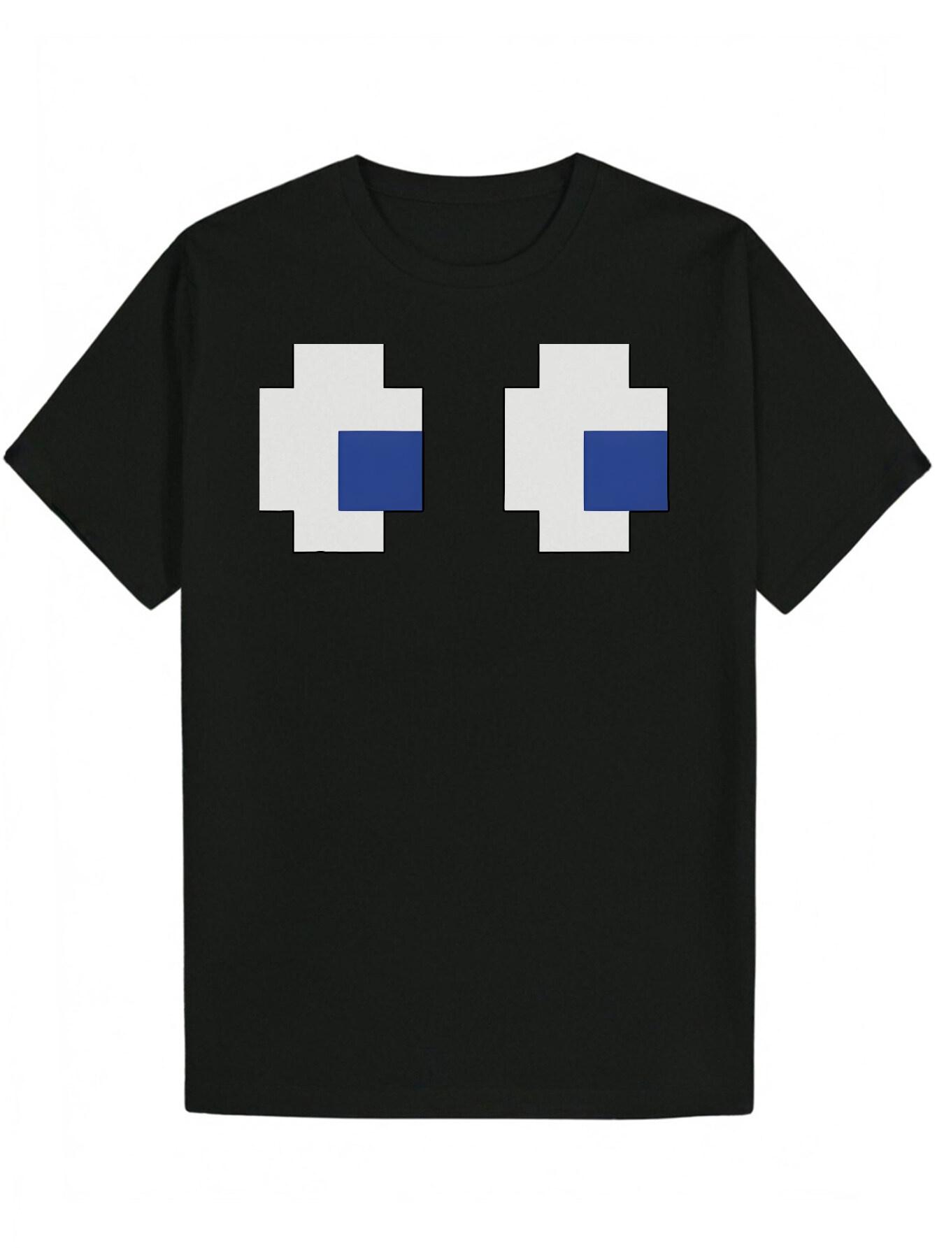 Casual Summer Graphic T-shirt - Black Polyester Crew Neck Tee with Pixelated Blue & White Design XXXL