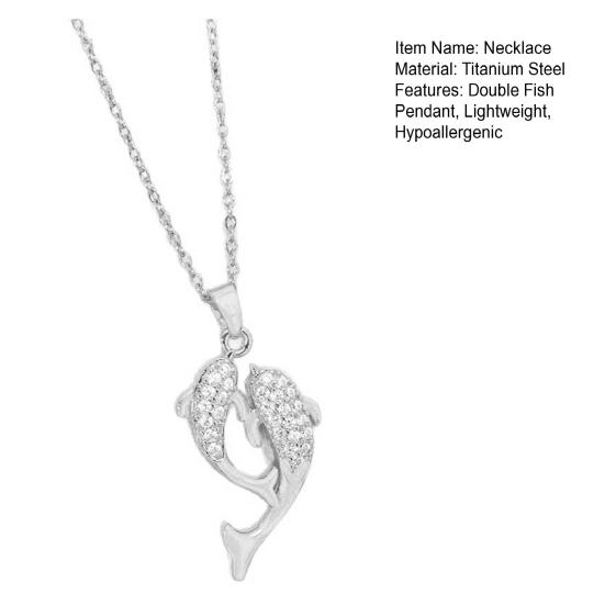 Double Rhinestone Fish Pendant Necklace Lightweight Hypoallergenic Women Couple Dual Dolphin Chain Necklace Fashion Jewelry