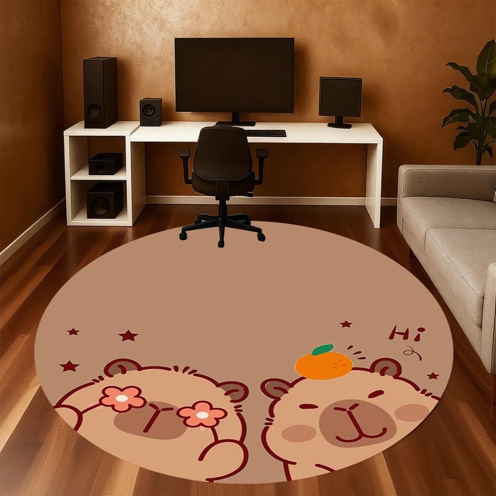 1PC Capybara Flower Orange Round Chair mat Area Rug - Non-Slip, Floor Mat for Office, Bedroom, home decor Christmas Gift c0528102