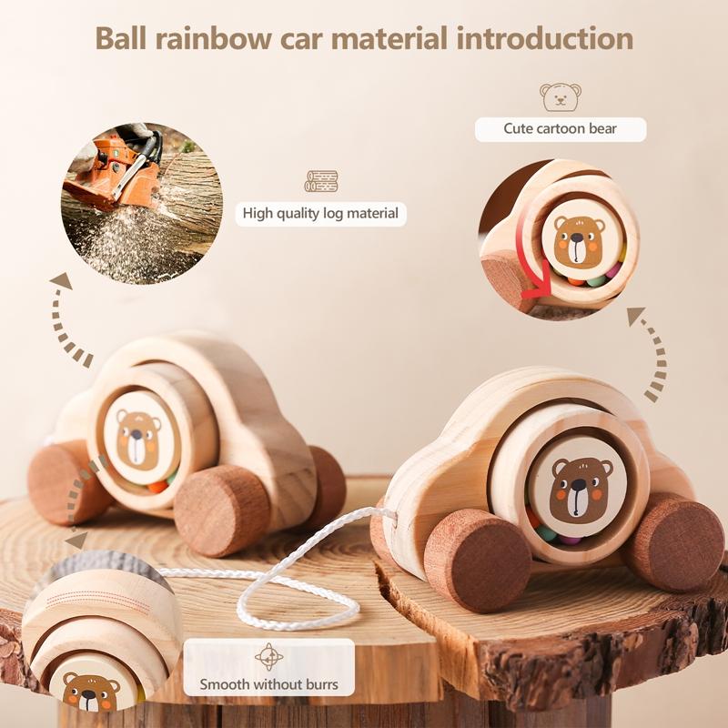 Wooden Trolley Toy Baby Montessori Finger Fine Movement Game Pine Cartoon Bear Trolley Is BPA-Free Babyroom Decoration Kid Gift
