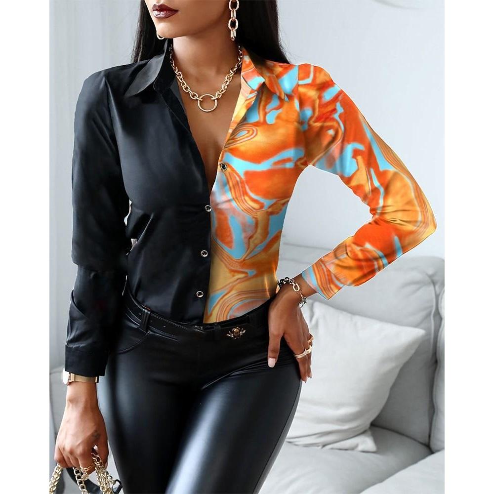Women Fashion Shirt Vintage Autumn Shirt Print Blouse Casual V-neck Long Sleeve Shirt  Blouse