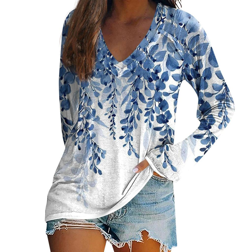 Women's Long Sleeved T-shirt V-neck Tie Dyed Floral Stripe Print Casual Top