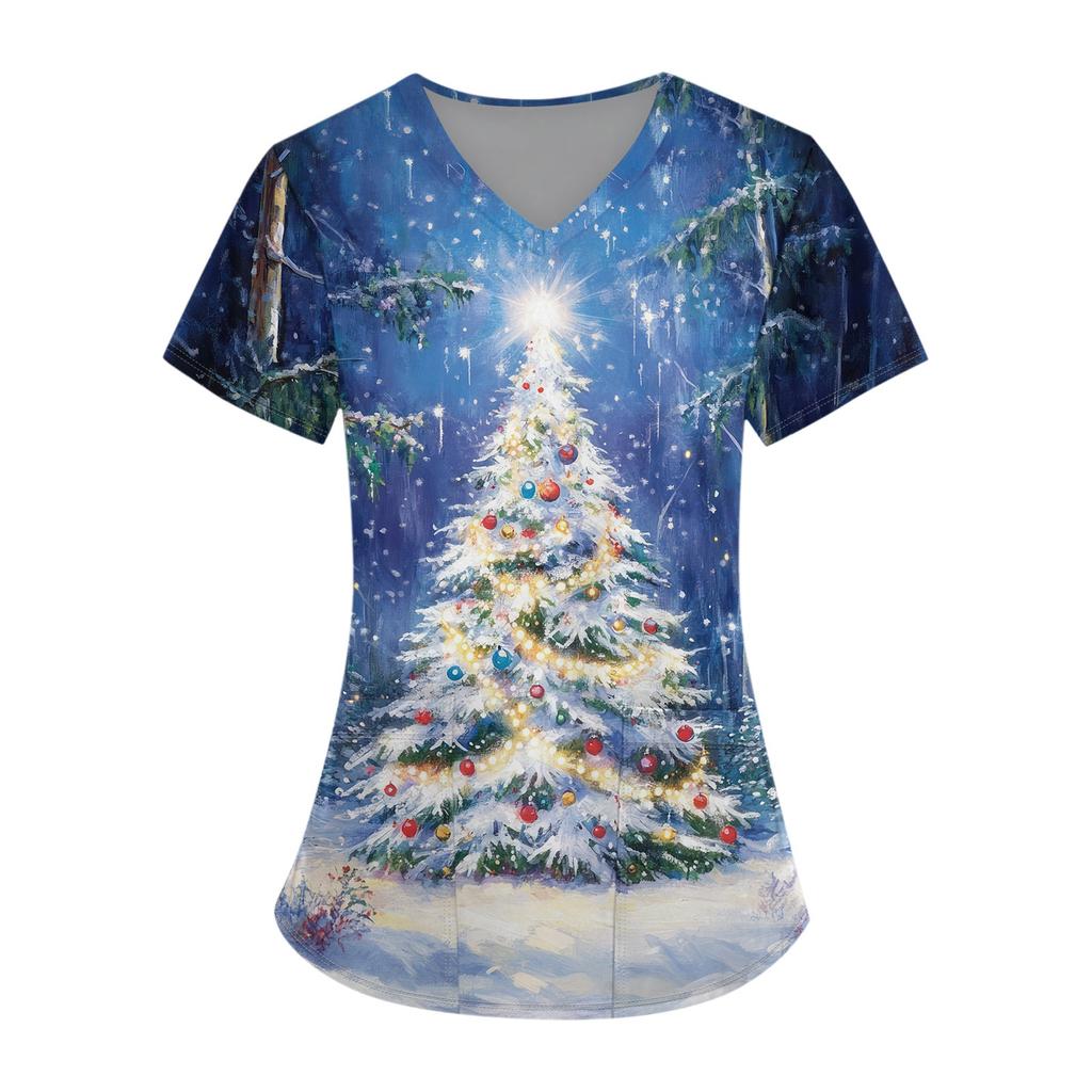 Hauts d'uniforme de travail imprimés grande taille pour femmes, col en V croisé, imprimé Halloween, manches courtes, t-shirts amusants, t-shirts de travail avec poches