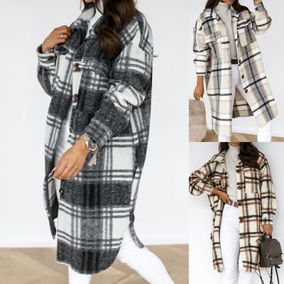 Women Plaid Long Woolen Coat Fashion Long Sleeve Button Lapel Office Ladies Mid-length Coat