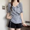 New Summer Plaid V-neck Short-sleeved Shirt Design Sense Women's Waist-hugging Shirt Top