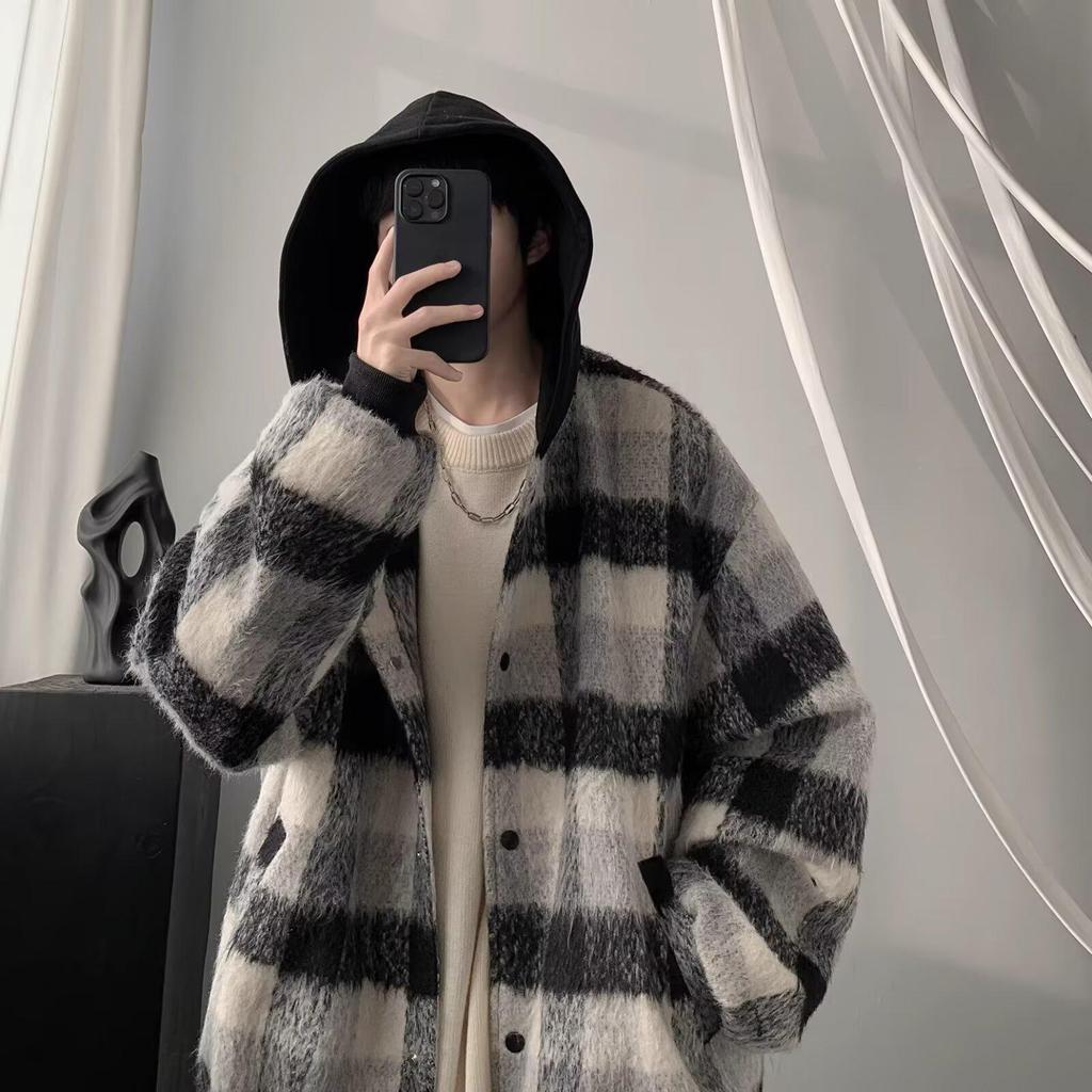 Men's Woolen Color Block Plaid Hooded Jacket - Trendy, High-End Autumn/Winter Casual Wear