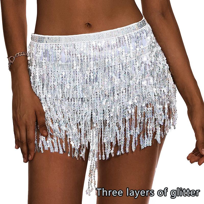 Exquisite Lady Belly Dance Costume Sequin Tassel Hip Scarf Belt Waist Wrap Skirt  Mini Skirt Women Show Dance Clothing