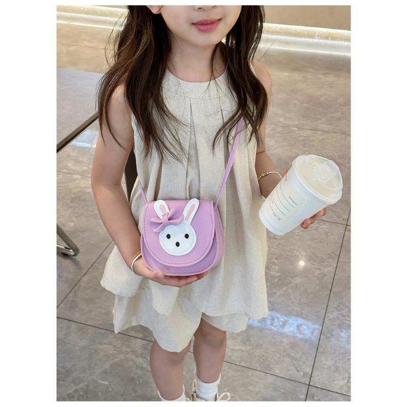 Cute Rabbit Faux Leather Crossbody Bag for Kids, Kawaii Cartoon Mini Square Shoulder Purse, Zipper Closure Single Strap Chain Bag for Children