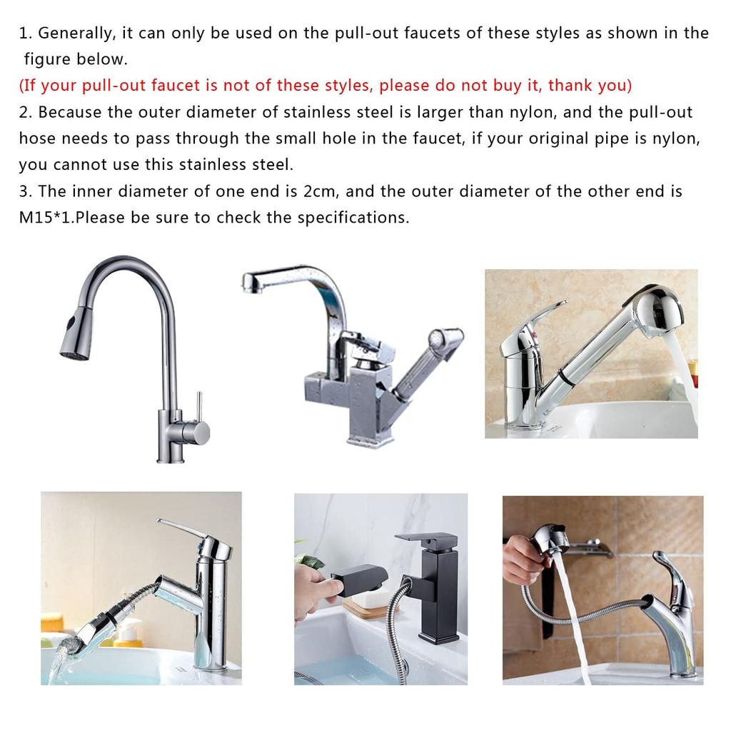 Remplacement de robinet d'évier de cuisine à tirette Tuyau de buse extractible Acier inoxydable Électrodéposition 1,5 m 15 * 1 mm Denture fine Extérieur en acier inoxydable