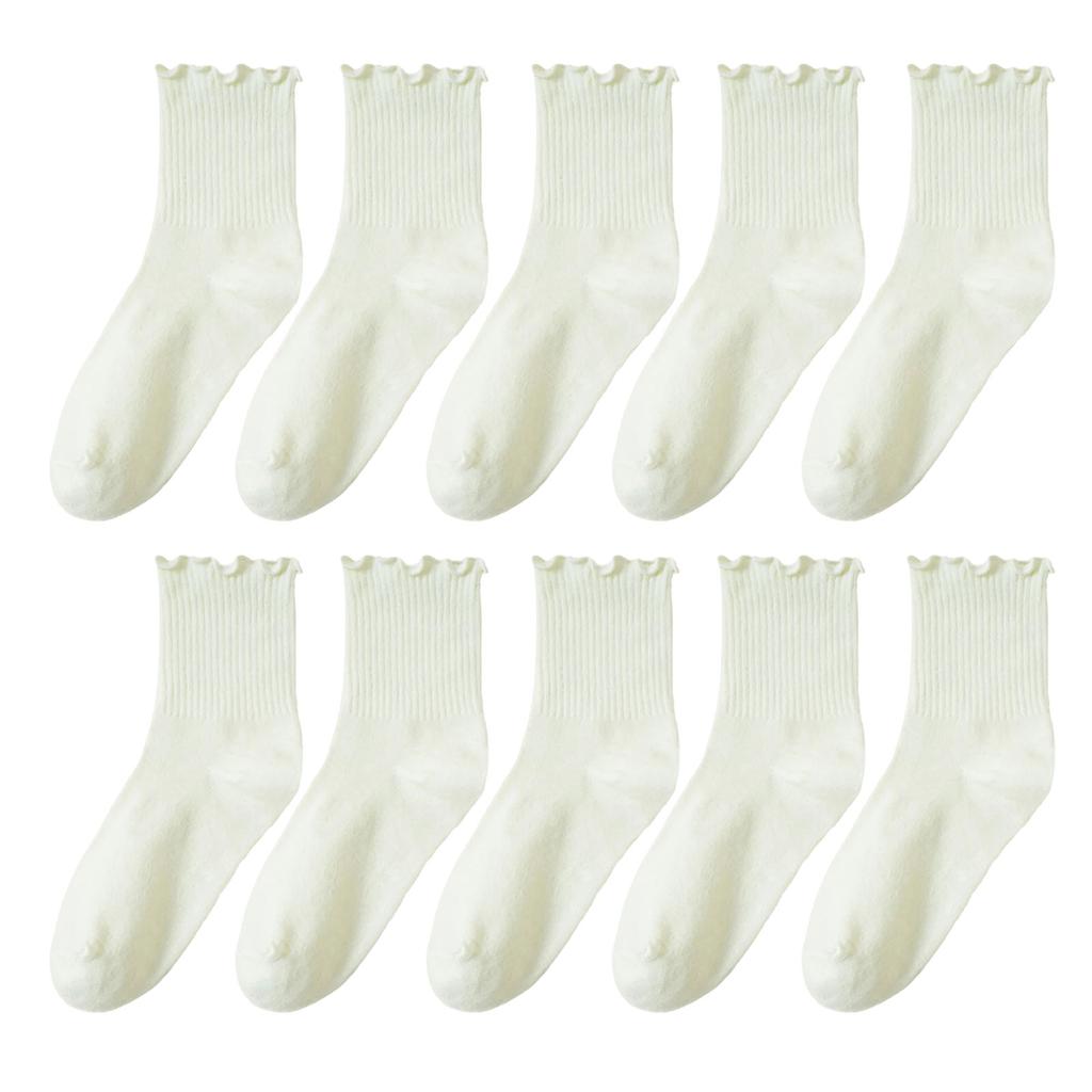 5 Pair Women Fashionable Ruffle Cuffs Crew Socks Cotton Blend Ribbed Knitted Stretchy Fit Comfortable Frilly Ankle Socks